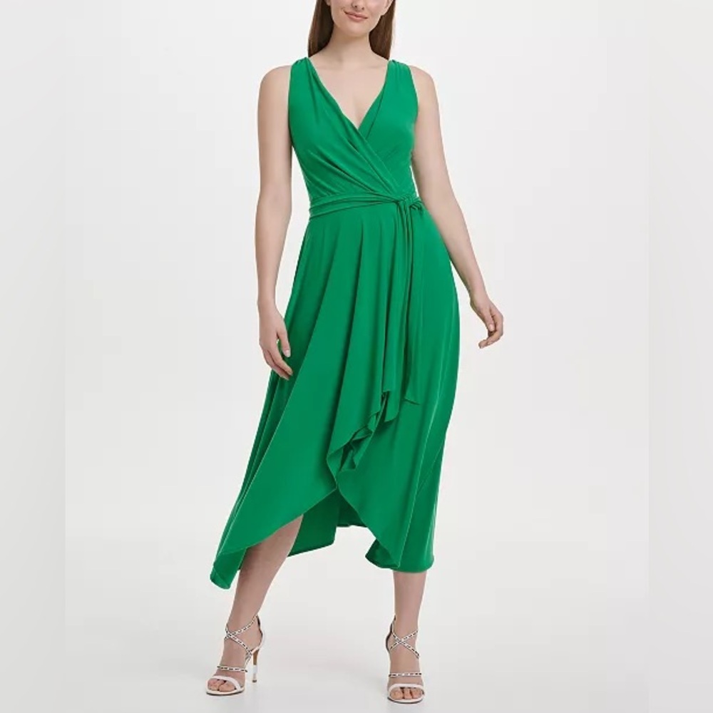 DKNY Emerald Wrap High-Low Midi Dress